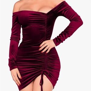 GOBLES Womens Velvet Bodycon Ruched Off Shoulder Dress
